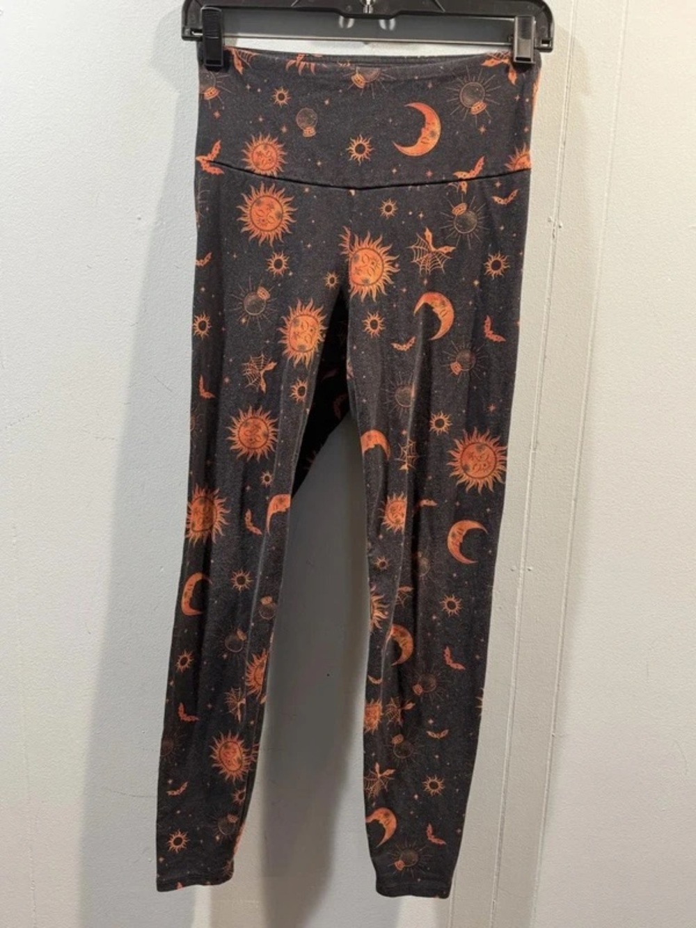 Kids Black Leggings with Orange Sun & Moon Print